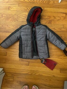 Children's Hooded Puffer Jacket - Gray with Black Trim and Red Lining
